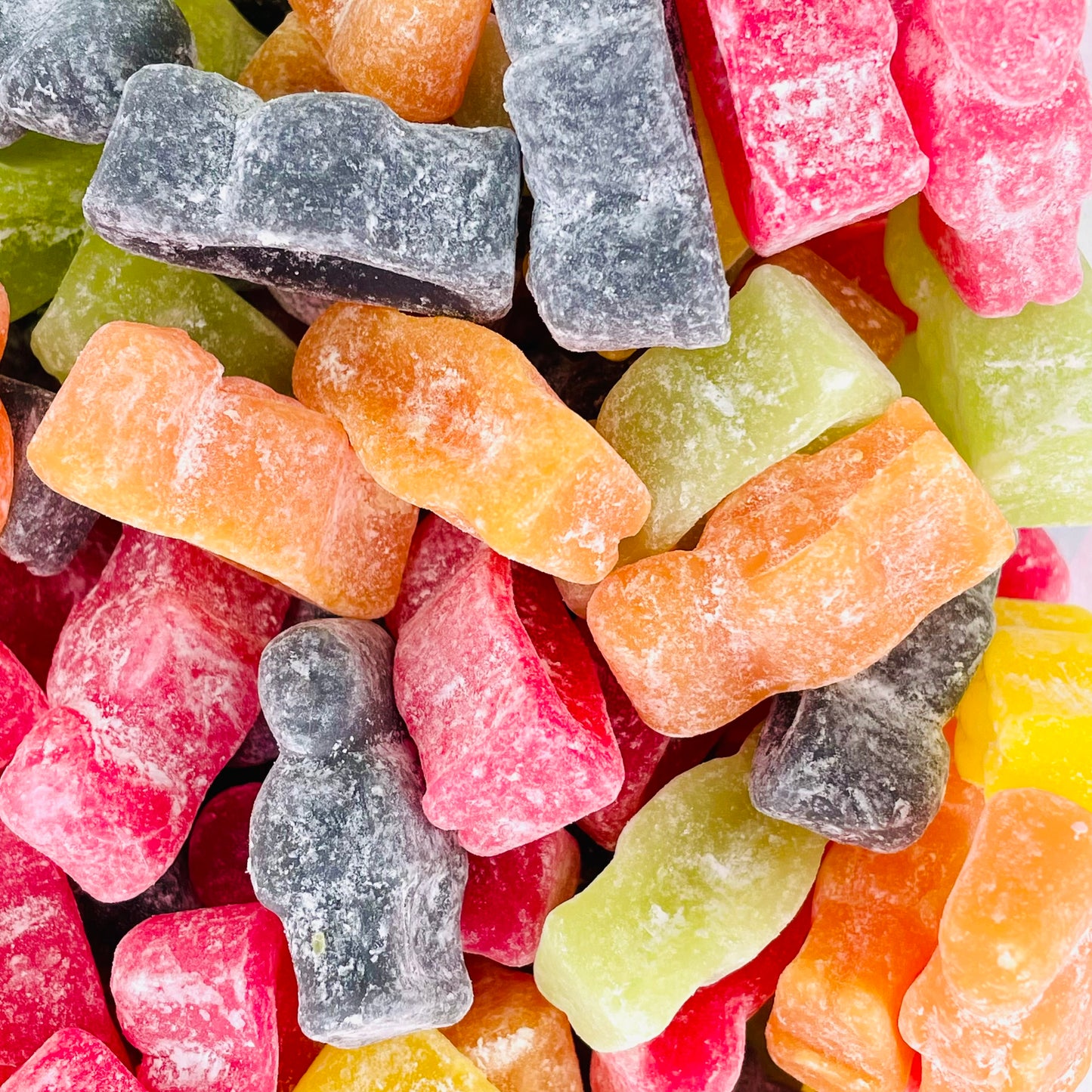 Jelly babies in an assortment of colours with dusted sugar