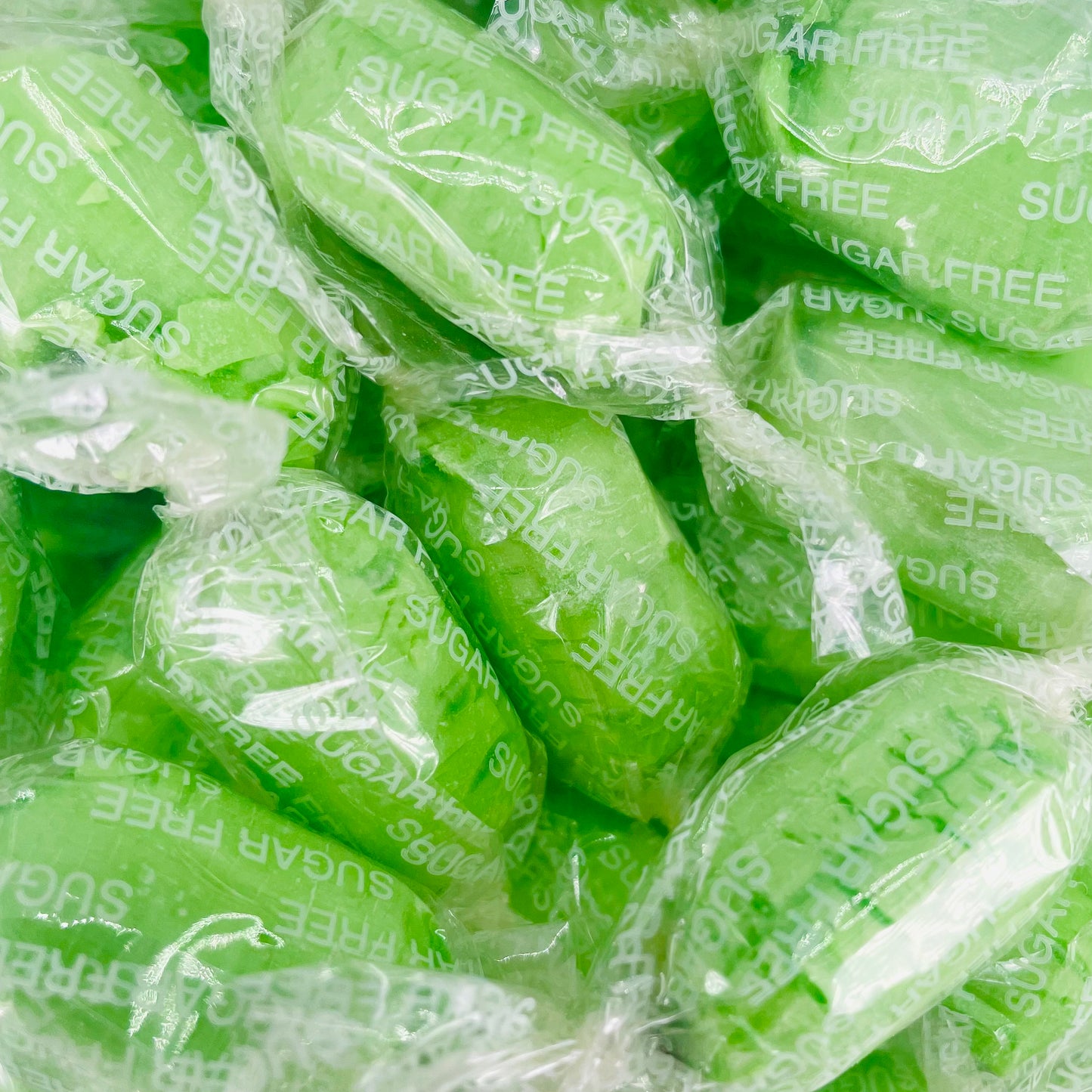 Chocolate limes individually wrapped in clear packaging and sugar free text