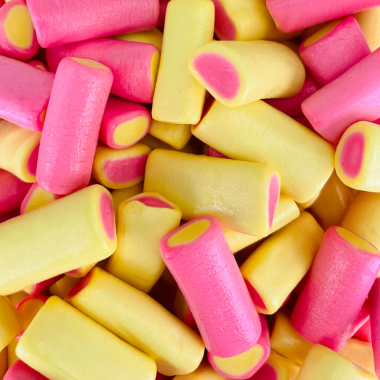 Pink and yellow rhubarb and custard flavour Haribo Sweets 