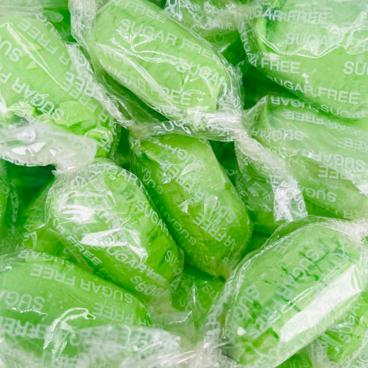 Chocolate limes individually wrapped in clear packaging and sugar free text 